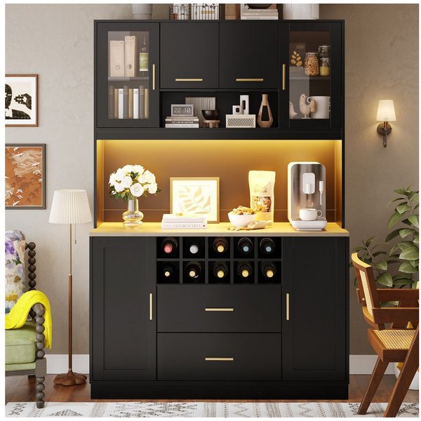 i@home Küchenbuffet Küchenhochschrank mit LED-Beleuchtung & Steckdose 6 Türen + 2 Schubladen + Weinregal, Schwarz