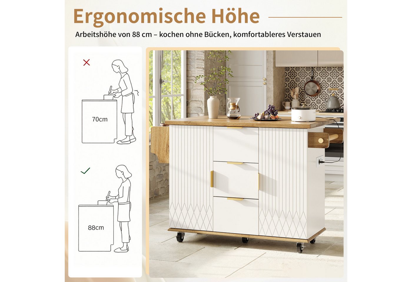 i@home Kücheninsel Servierwagen, (ausklappbarer Arbeitsplatte & Stromanschluss), auf Rollen freistehender Küchenwagen mit geometrischer Muster – Bild 4 von 5