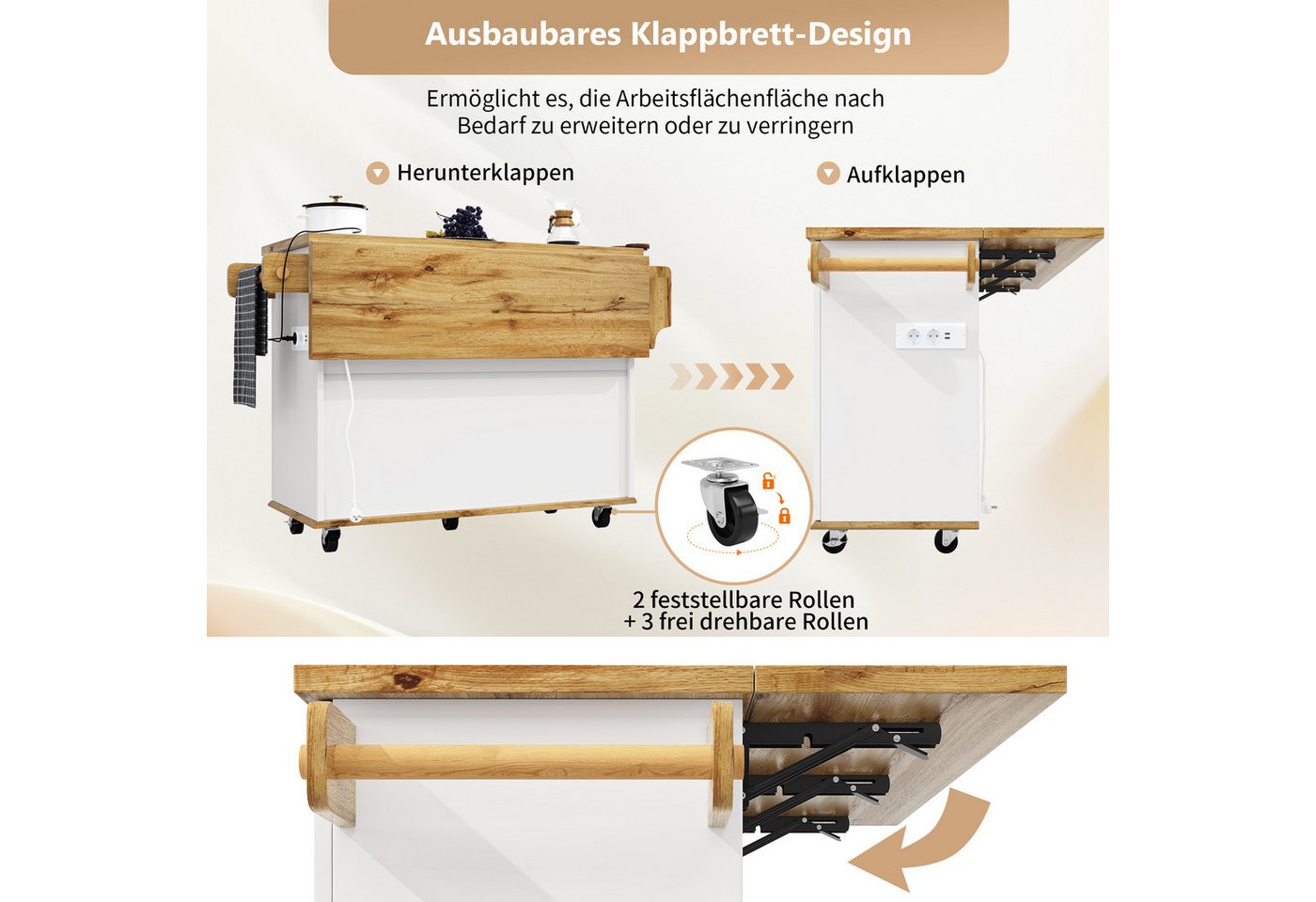 i@home Kücheninsel Servierwagen, (ausklappbarer Arbeitsplatte & Stromanschluss), auf Rollen freistehender Küchenwagen mit geometrischer Muster – Bild 5 von 5
