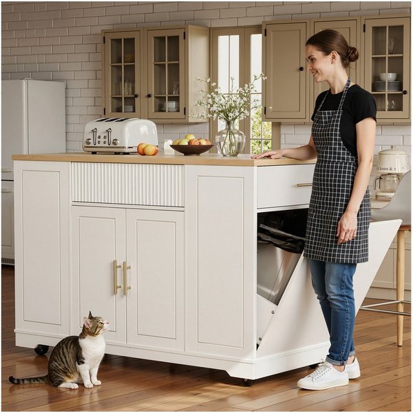 i@home Kücheninsel Servierwagen mit Rollen, (integrierter Abfallbehälter, viel Stauraum mit Türen und Schubladen), Küchenschrank multifunktionaler, 120 x 50 x 9