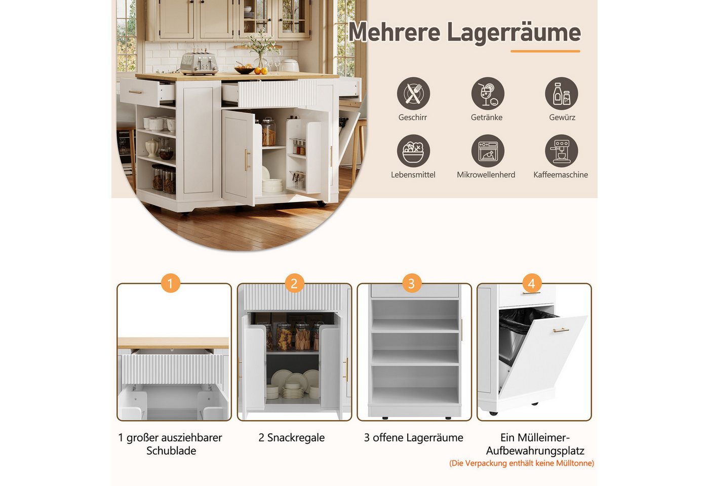 i@home Kücheninsel Servierwagen mit Rollen, (integrierter Abfallbehälter, viel Stauraum mit Türen und Schubladen), Küchenschrank multifunktionaler, 120 x 50 x 9 – Bild 3 von 5