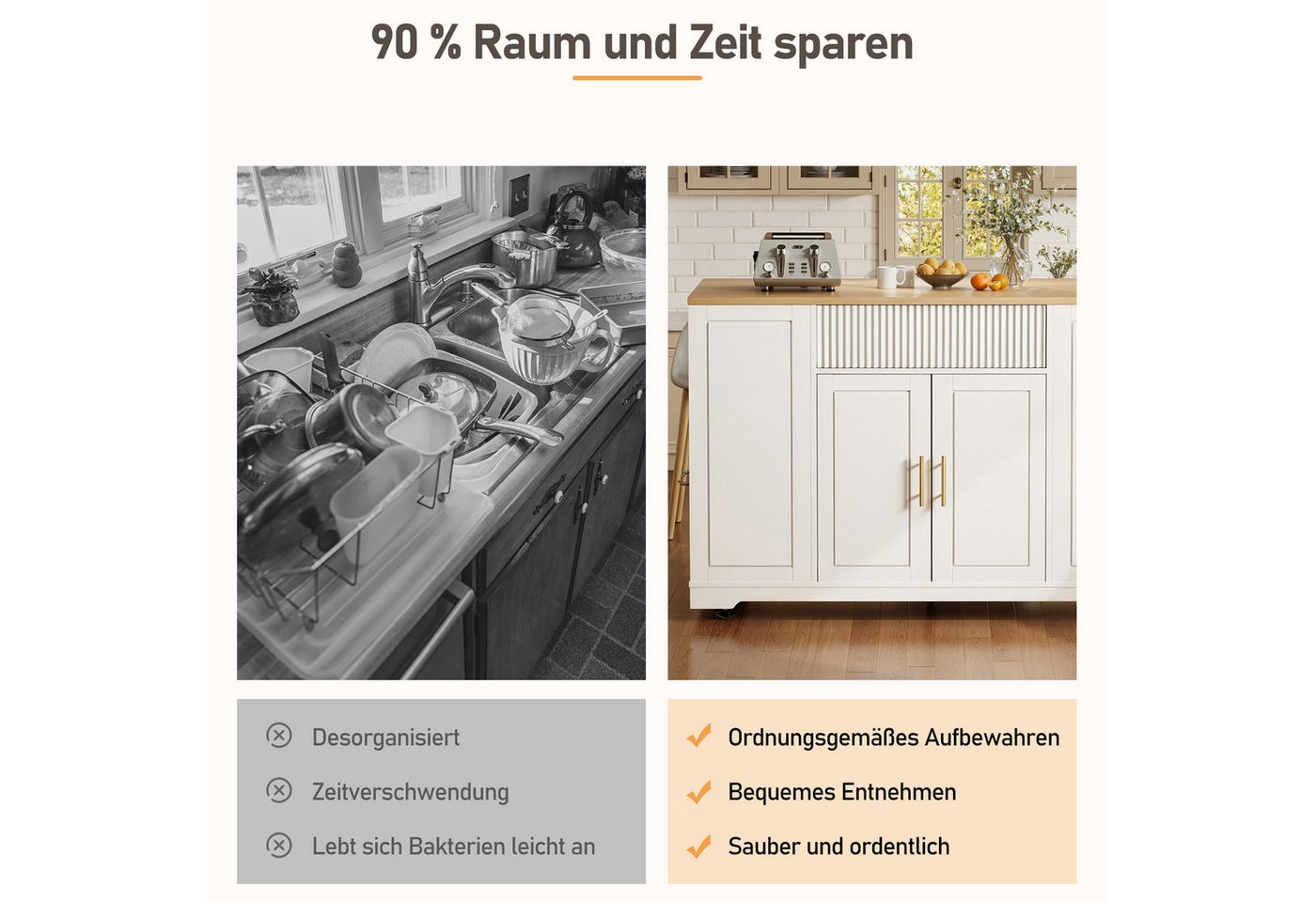 i@home Kücheninsel Servierwagen mit Rollen, (integrierter Abfallbehälter, viel Stauraum mit Türen und Schubladen), Küchenschrank multifunktionaler, 120 x 50 x 9 – Bild 4 von 5