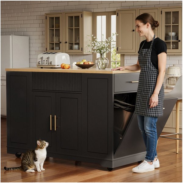 i@home Kücheninsel Servierwagen mit Rollen, (integrierter Abfallbehälter, viel Stauraum mit Türen und Schubladen), Küchenschrank multifunktionaler, 120 x 50 x 9