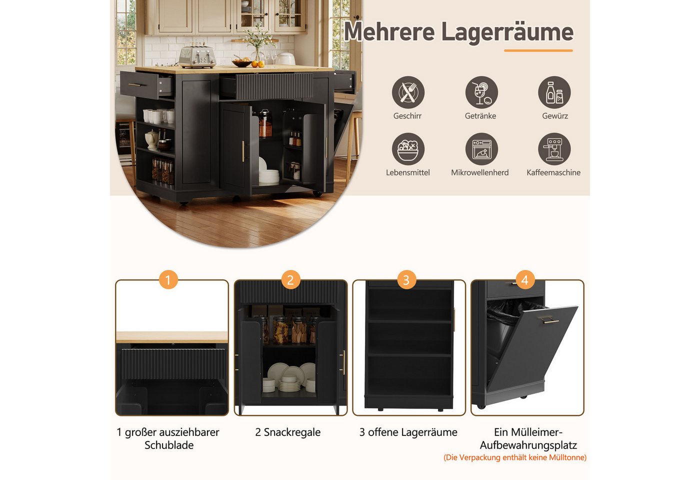 i@home Kücheninsel Servierwagen mit Rollen, (integrierter Abfallbehälter, viel Stauraum mit Türen und Schubladen), Küchenschrank multifunktionaler, 120 x 50 x 9 – Bild 2 von 5