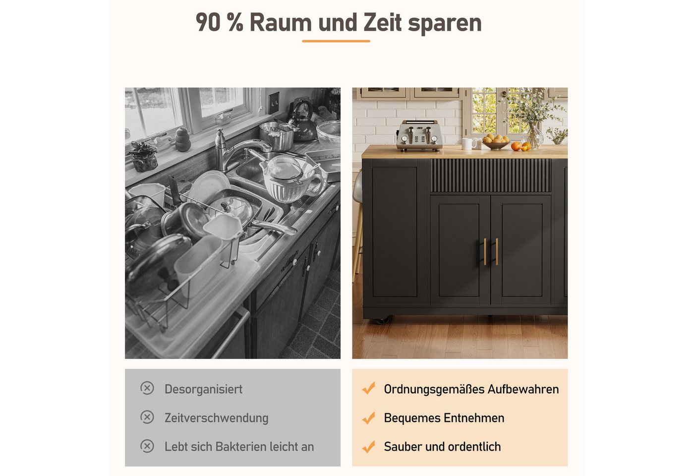 i@home Kücheninsel Servierwagen mit Rollen, (integrierter Abfallbehälter, viel Stauraum mit Türen und Schubladen), Küchenschrank multifunktionaler, 120 x 50 x 9 – Bild 4 von 5