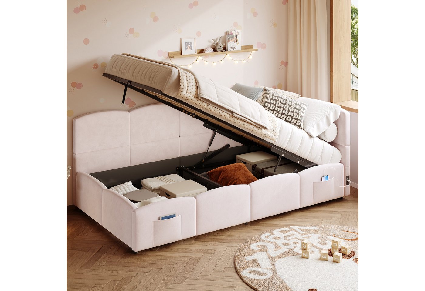 i@home Polsterbett Kinderbett,Einzelbett, Stauraumbett, Schlafsofa (mit Lattenrost,USB-Ladegerät,Stautasche,Jugendbett,Samt 90x200 cm, Kombinationsprodukt( Ohne – Bild 2 von 5
