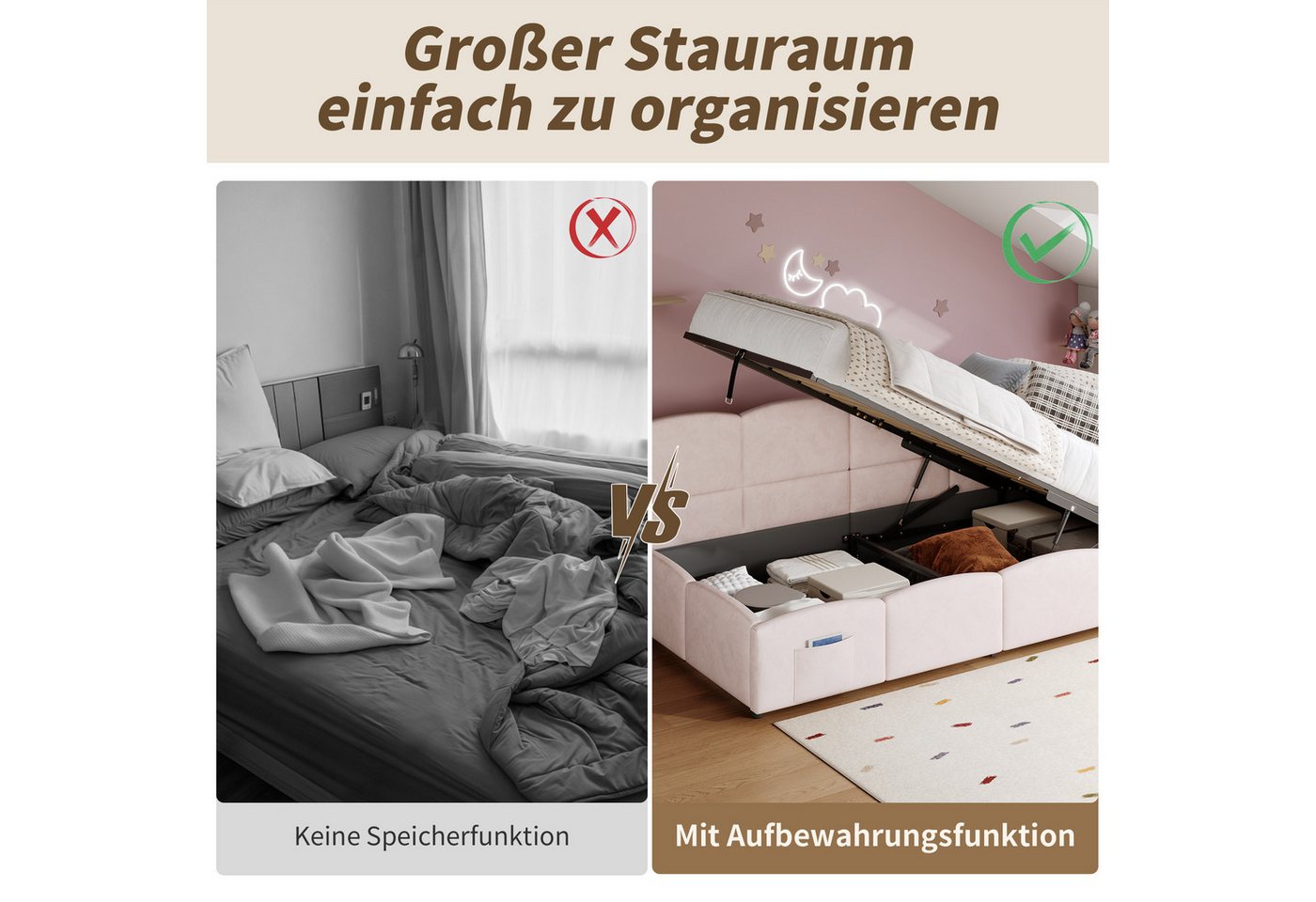 i@home Polsterbett Kinderbett,Einzelbett, Stauraumbett, Schlafsofa (mit Lattenrost,USB-Ladegerät,Stautasche,Jugendbett,Samt 90x200 cm, Kombinationsprodukt( Ohne – Bild 5 von 5