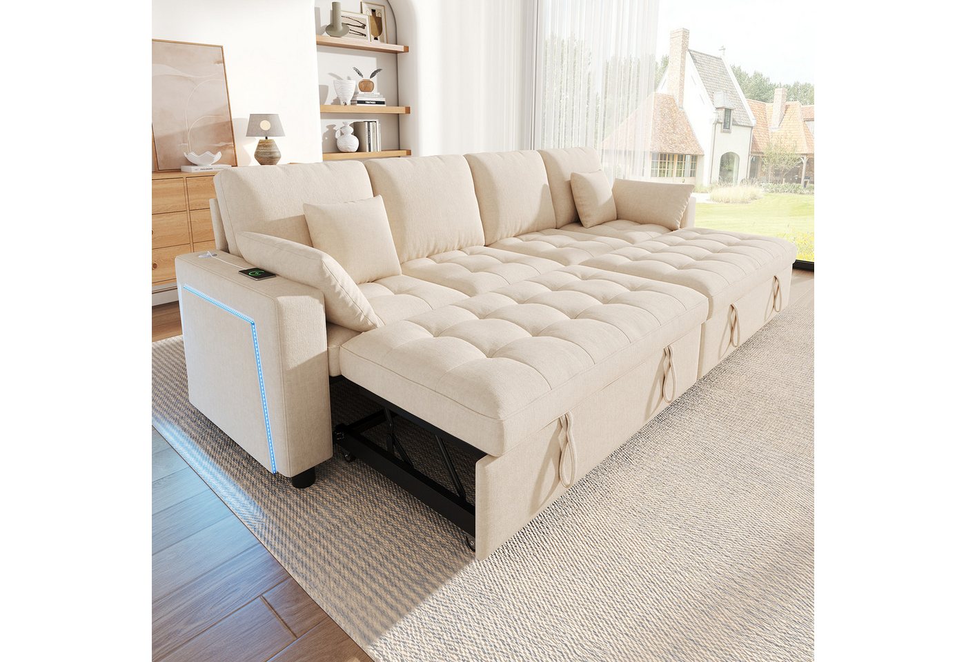i@home Schlafsofa 4-Sitzer Schlafsofa,Big Sofa mit Schlaffunktion, Chenille,260 cm breit, LED-Beleuchtung, 3-fach verstellbare Rückenlehne,Modulares Sofa, beige – Bild 2 von 5