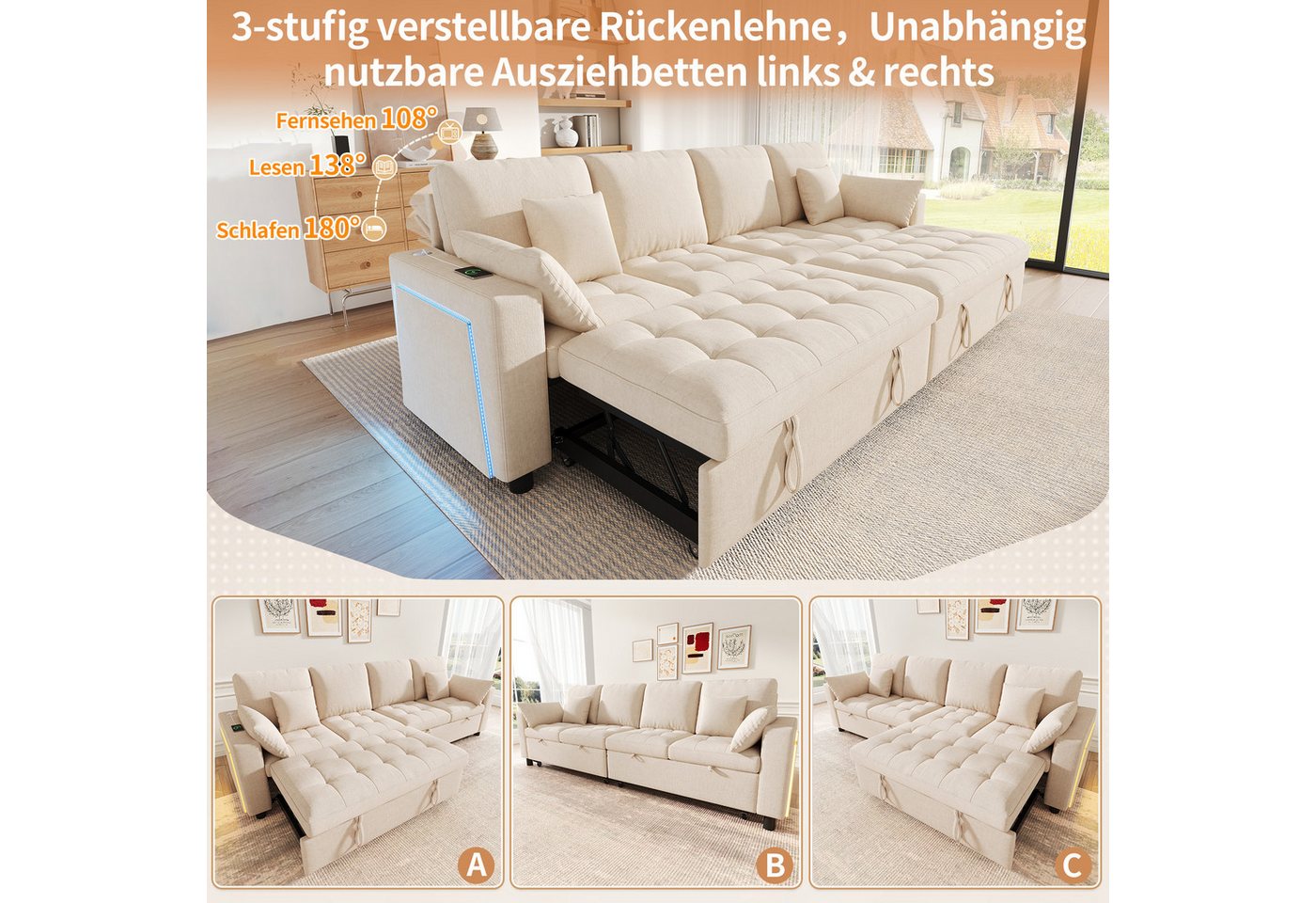 i@home Schlafsofa 4-Sitzer Schlafsofa,Big Sofa mit Schlaffunktion, Chenille,260 cm breit, LED-Beleuchtung, 3-fach verstellbare Rückenlehne,Modulares Sofa, beige – Bild 3 von 5