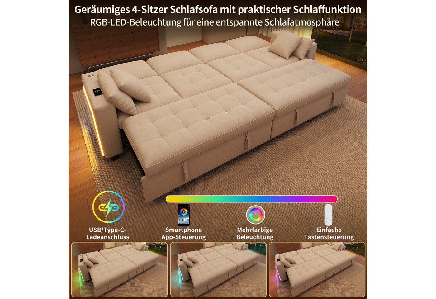 i@home Schlafsofa 4-Sitzer Schlafsofa,Big Sofa mit Schlaffunktion, Chenille,260 cm breit, LED-Beleuchtung, 3-fach verstellbare Rückenlehne,Modulares Sofa, beige – Bild 4 von 5