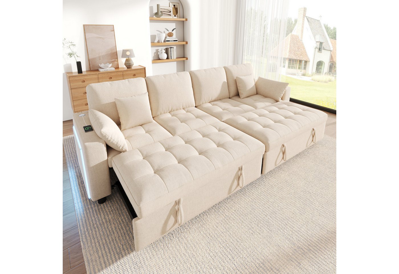 i@home Schlafsofa 4-Sitzer Schlafsofa,Big Sofa mit Schlaffunktion, Chenille,260 cm breit, LED-Beleuchtung, 3-fach verstellbare Rückenlehne,Modulares Sofa, beige – Bild 5 von 5