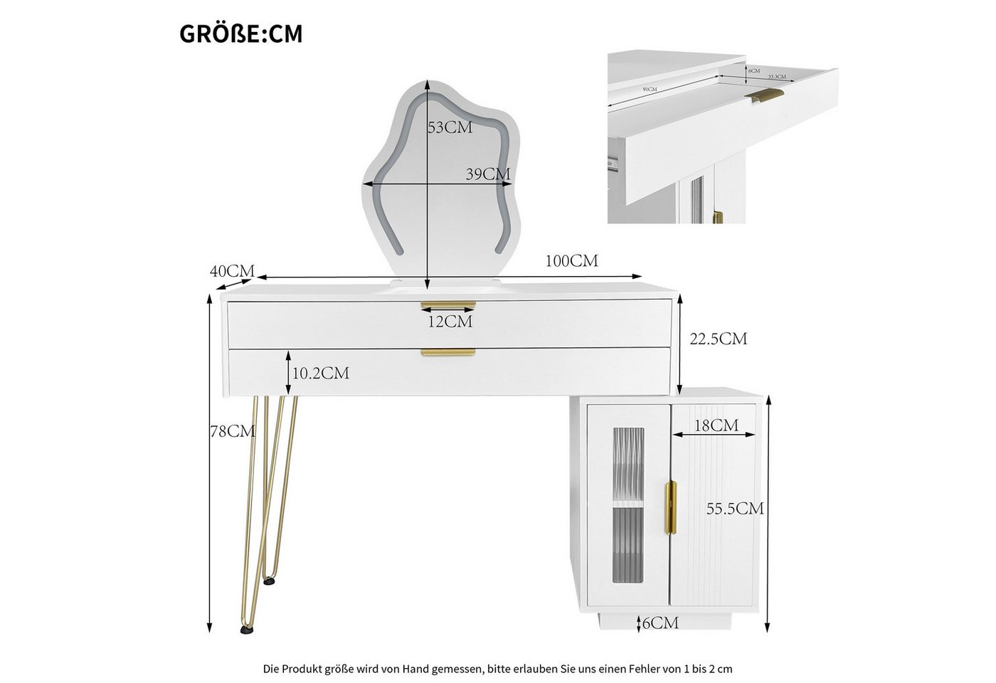 i@home Schminktisch (Schminktisch (ohne Hocker), Dimmbares LED-Licht, ausziehbar, Seitenschrank – Bild 2 von 5