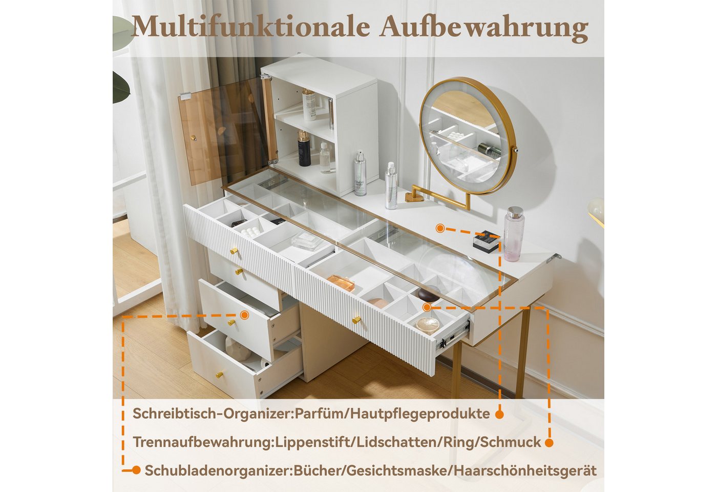 i@home Schminktisch Schminktisch-Set mit LED-beleuchtetem Spiegel, weiß (1 Schminktisch ohne Hocker), transparenter Tischplatte aus gehärtetem Glas, Maße: 120 x – Bild 2 von 5