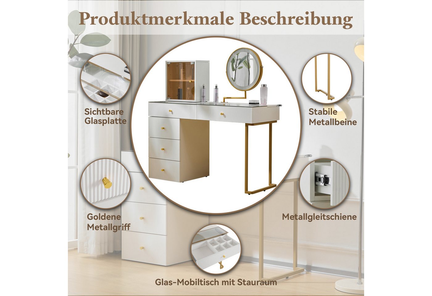 i@home Schminktisch Schminktisch-Set mit LED-beleuchtetem Spiegel, weiß (1 Schminktisch ohne Hocker), transparenter Tischplatte aus gehärtetem Glas, Maße: 120 x – Bild 3 von 5