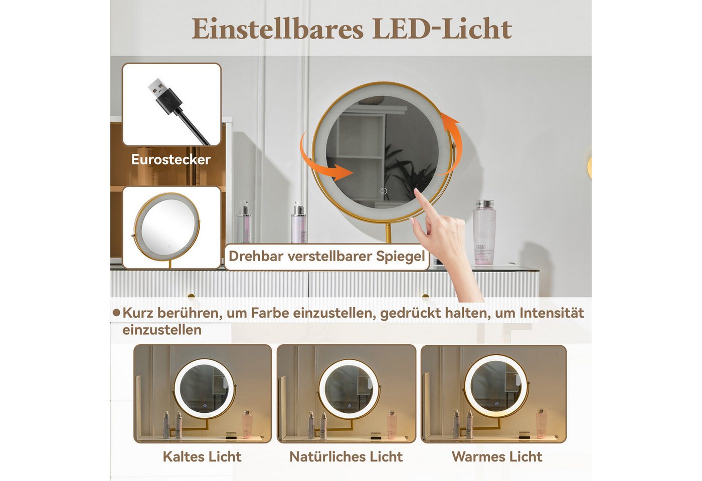 i@home Schminktisch Schminktisch-Set mit LED-beleuchtetem Spiegel, weiß (1 Schminktisch ohne Hocker), transparenter Tischplatte aus gehärtetem Glas, Maße: 120 x – Bild 4 von 5