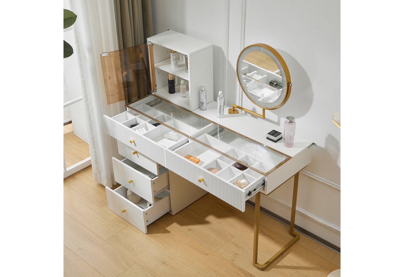 i@home Schminktisch Schminktisch-Set mit LED-beleuchtetem Spiegel, weiß (1 Schminktisch ohne Hocker), transparenter Tischplatte aus gehärtetem Glas, Maße: 120 x – Bild 5 von 5