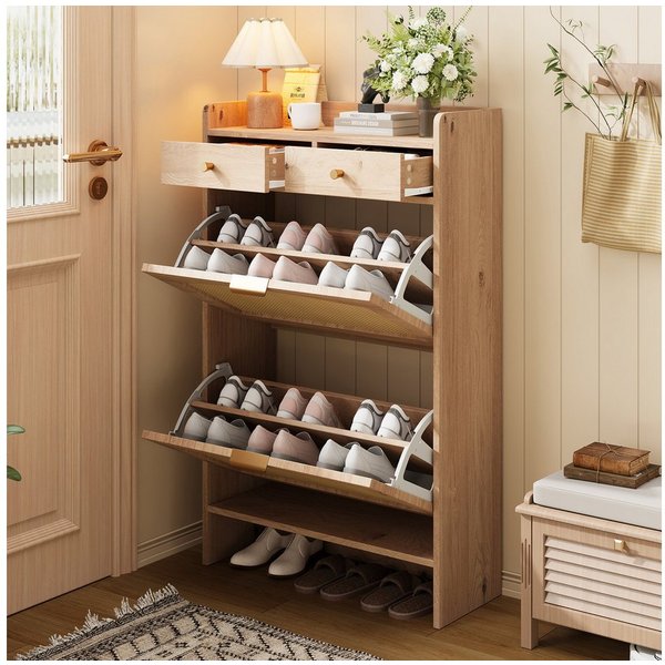i@home Schuhkipper Schmal,Schuhregal, Holzwerkstoff Schuhschrank aus Rattan, mit 2 Klappenschubladen, 2 Schubladen,und Griffen, 65x25x106 cm, Natur