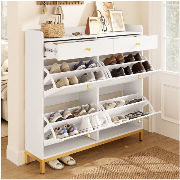 i@home Schuhkipper Schuhschrank, Schmal mit 4 Klapptüren und 2 Schubladen, geeignet für Flur und Schlafzimmer, Weiß, 106,5 x 25 x 107 cm