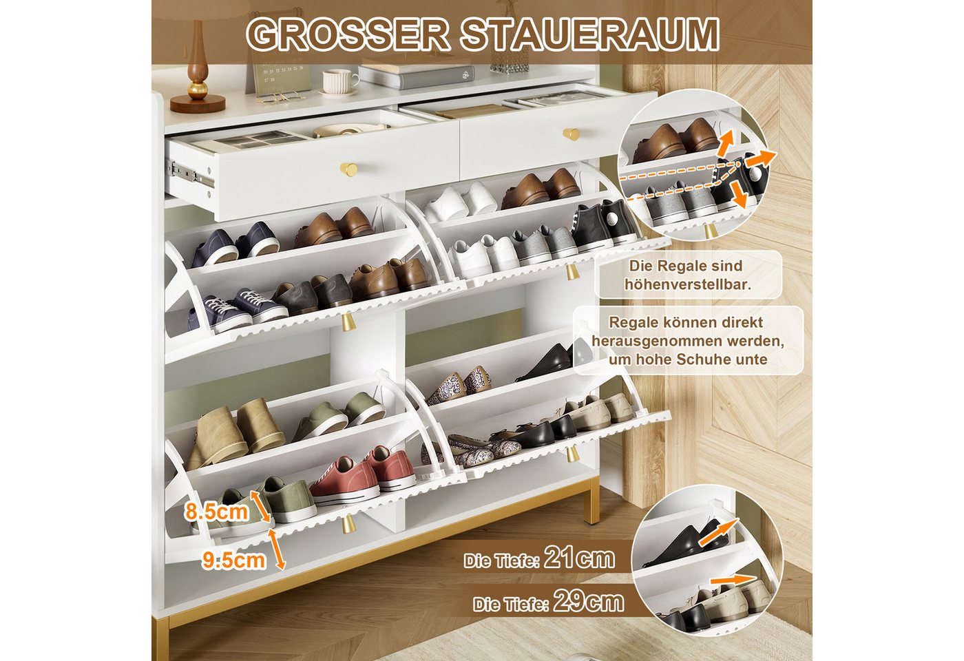 i@home Schuhkipper Schuhschrank, Schmal mit 4 Klapptüren und 2 Schubladen, geeignet für Flur und Schlafzimmer, Weiß, 106,5 x 25 x 107 cm – Bild 3 von 5