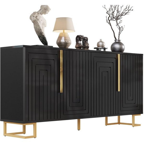 i@home Sideboard Kommode, mit goldene Griffe und Füße, 4 Fächer, Holz, 152 x 40 x 75 cm (1 St), Mit goldene Griffe und Füße, weiß/schwarz