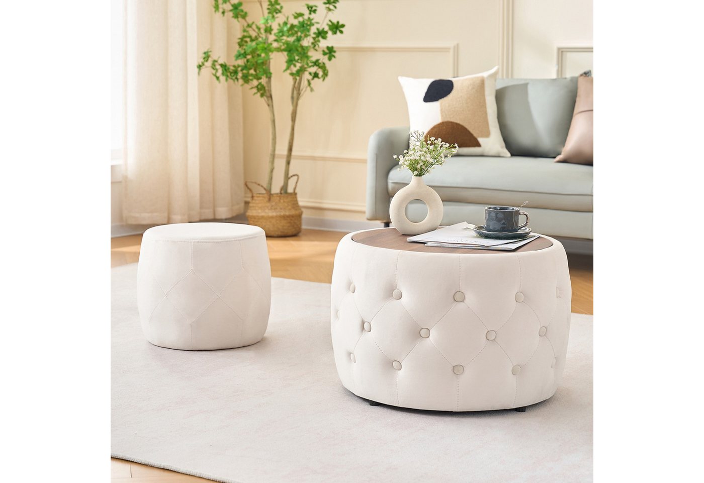 i@home Sitzhocker Luxuriöses 2er-Set Sitzhocker aus Samt mit Stauraum (Nesting-Hocker, Holzablage & 4-in-1-Funktion), Wohnzimmer-Sitzhocker, Fußhocker, Beistell – Bild 3 von 5