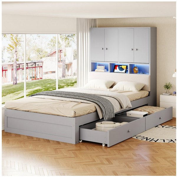 i@home Stauraumbett Funktionsbett, Holzbett, 90 x 200 cm, Einzelbett, Grau (1-tlg), Mit LED-Beleuchtung und Steckdose, mit gepolsterter Rückenlehne, Grau