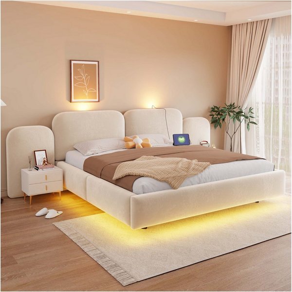 i@home Stauraumbett Polsterbett, doppelbett 180*200cm,Mit hydraulischem Stauraum, Beige (1-tlg), LED-Beleuchtung mit Ladeanschluss, Bequemem Kopfteil, Samtstoff