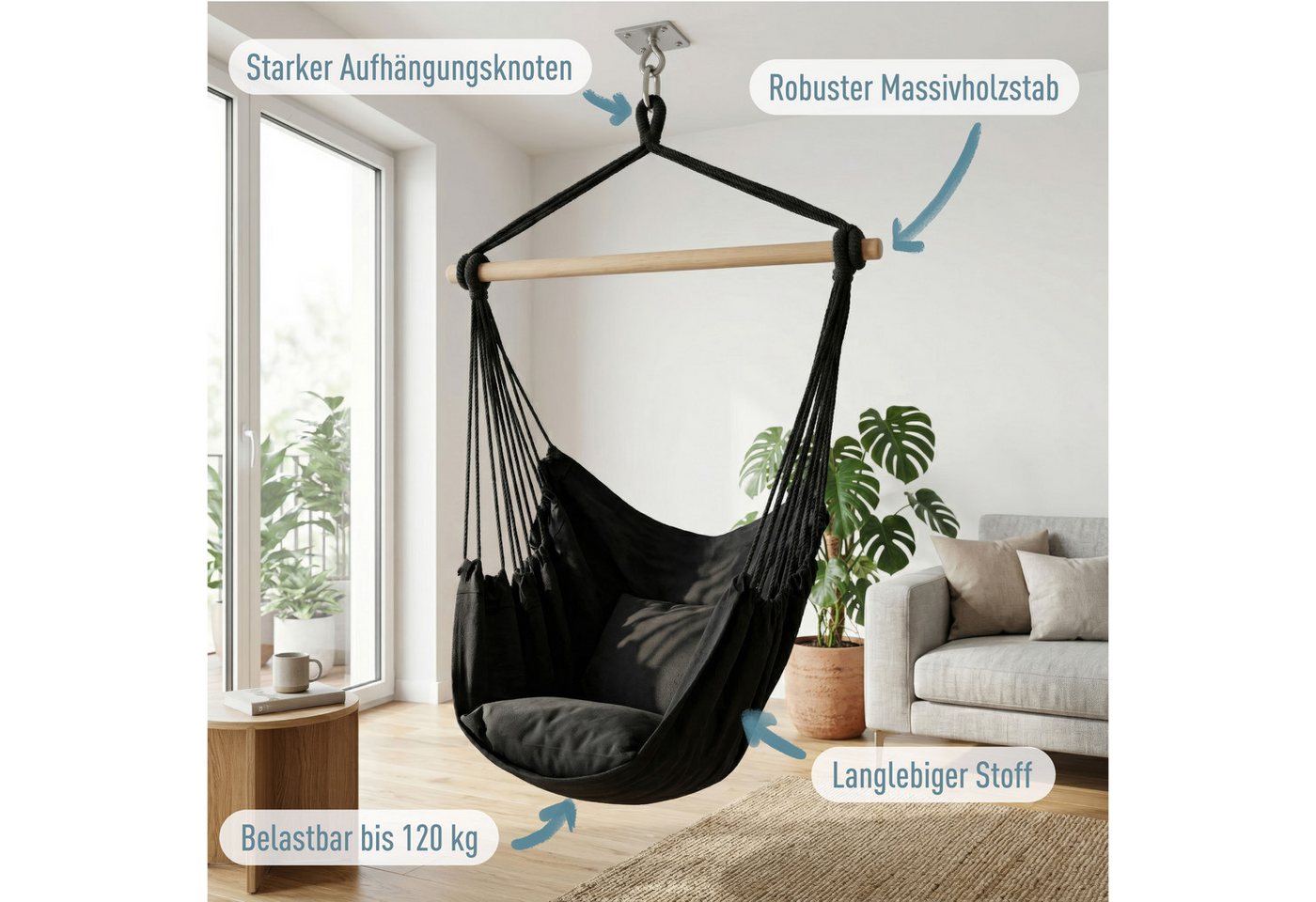 ib style Hängematte Kalea Hängesessel Schwarz, Hängestuhl mit 2 Kissen und Zubehör - bis 150kg belastbar – Bild 3 von 5
