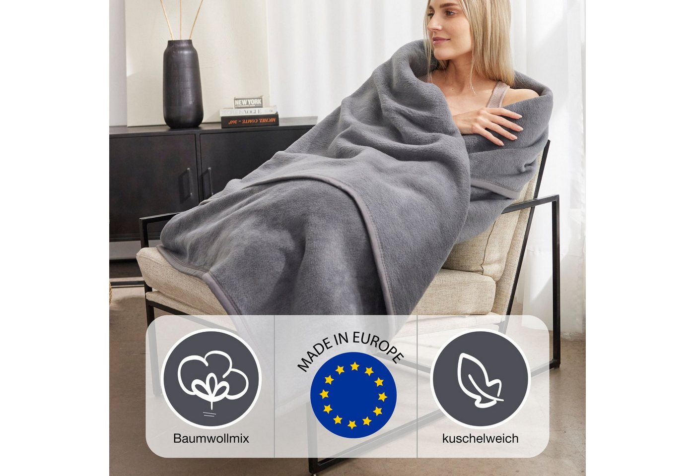 Wohndecke Luxus, IBENA, verschiedene Größen, uni, Kuscheldecke, Premium, made in Europe! – Bild 3 von 4