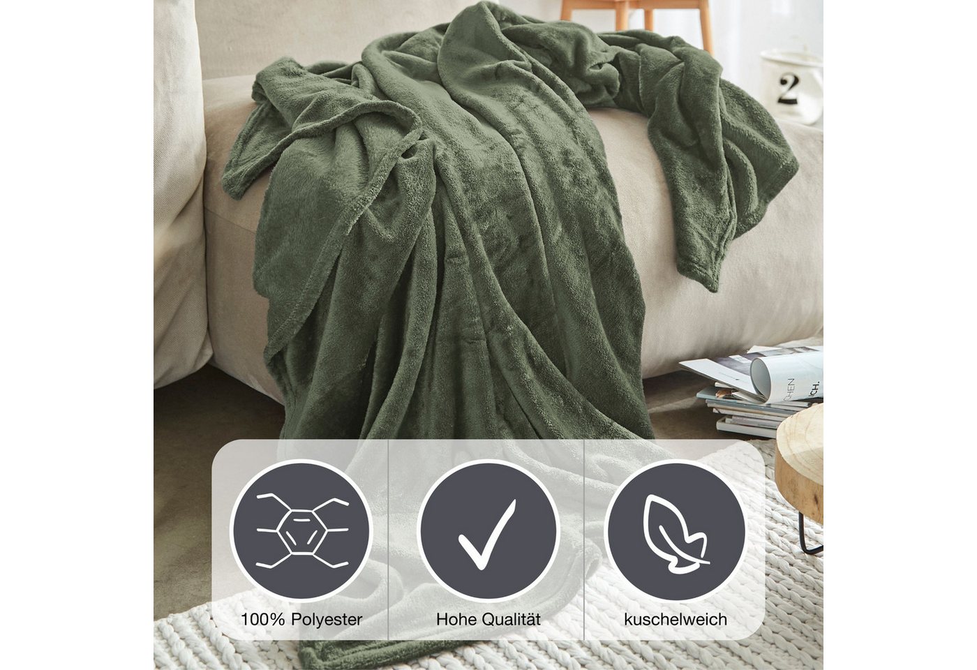Wohndecke Uni Fleecedecke Olbia, einfarbige Kuscheldecke, IBENA, einfarbig schick, Kuscheldecke – Bild 2 von 4
