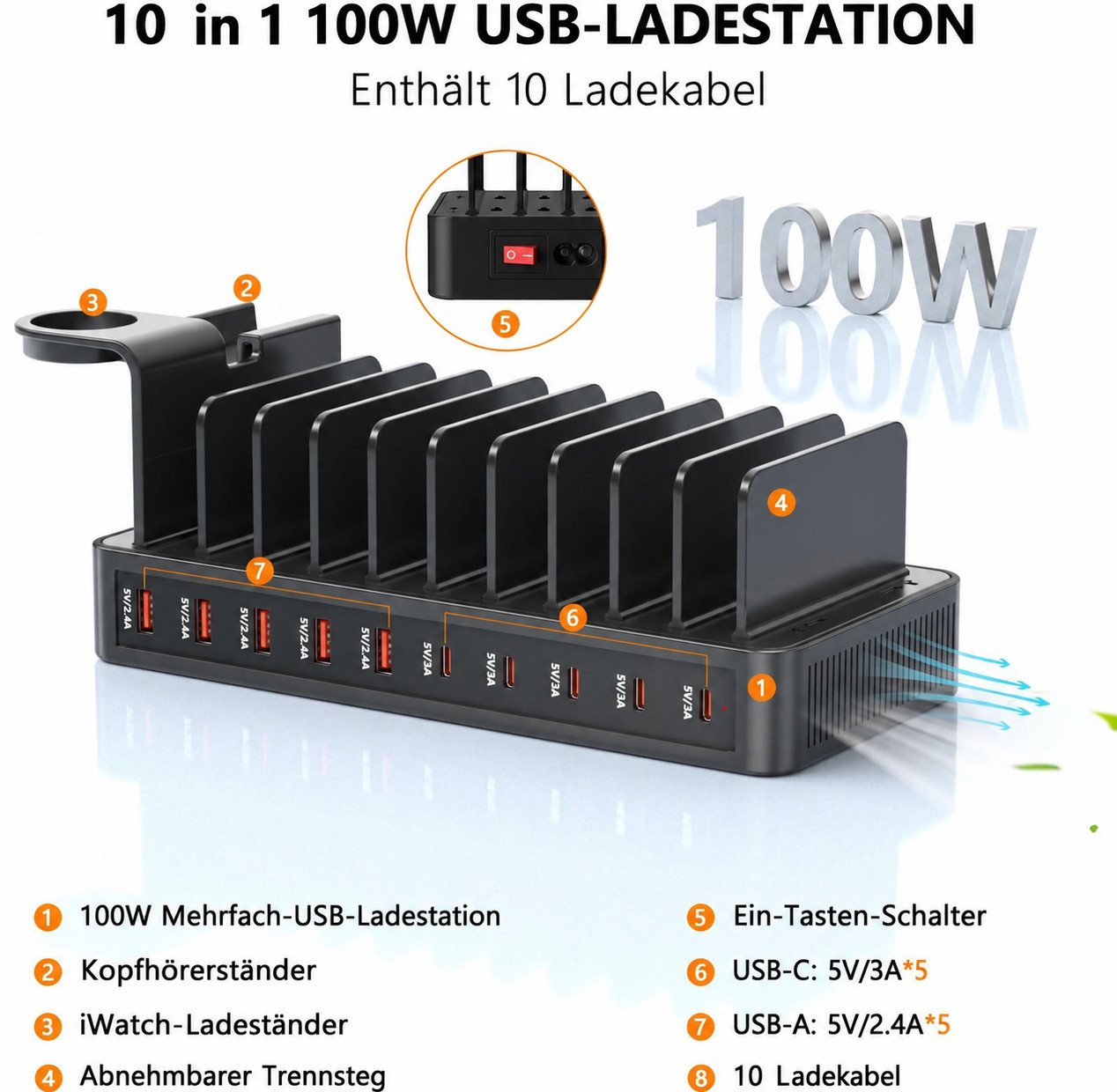 ibettertec 100W Multi-Geräte Ladestation mit 10 Anschlüssen Ladestation (USB-C & USB-A Ladehub inkl. 10 Kabeln, Verstellbare Halterung für Smartphones) – Bild 2 von 5