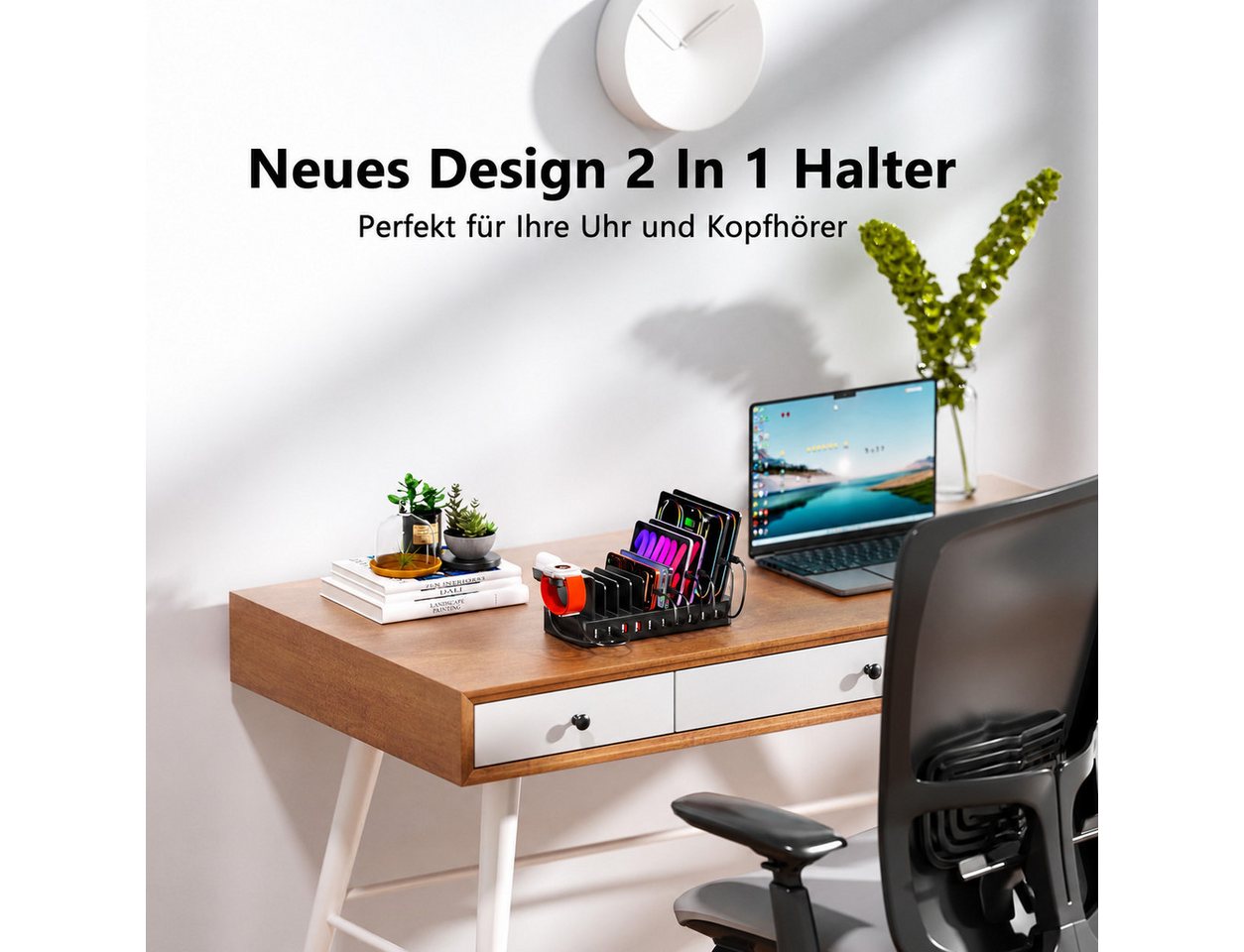 ibettertec 100W Multi-Geräte Ladestation mit 10 Anschlüssen Ladestation (USB-C & USB-A Ladehub inkl. 10 Kabeln, Verstellbare Halterung für Smartphones) – Bild 3 von 5