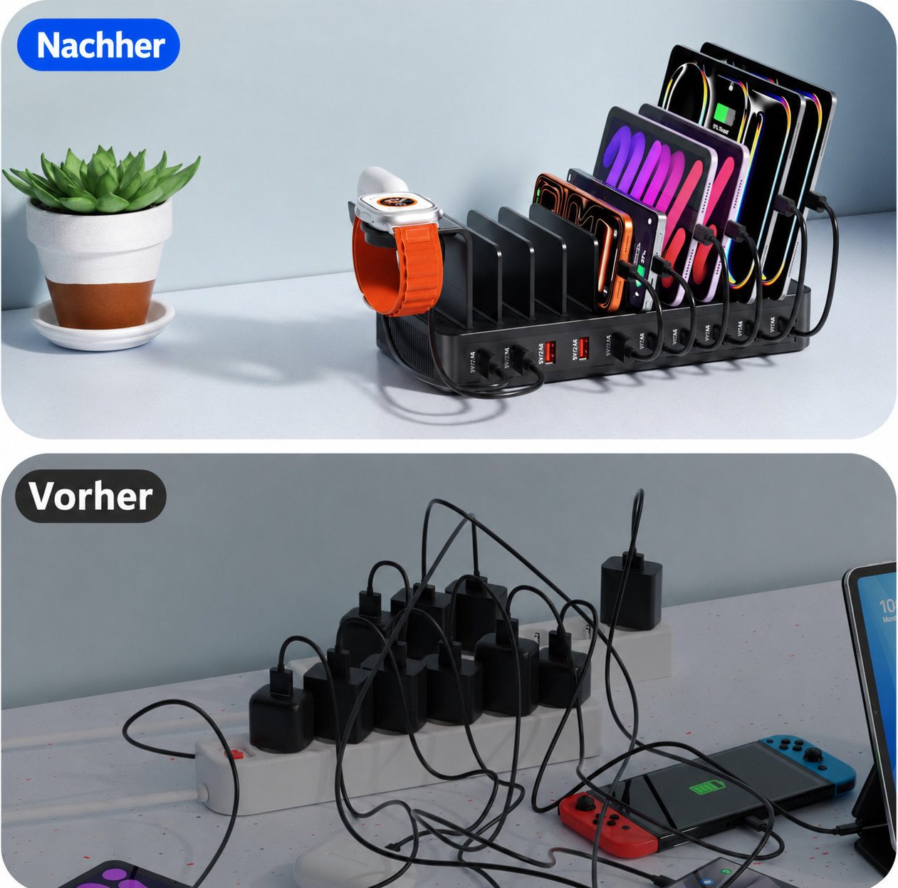 ibettertec 100W Multi-Geräte Ladestation mit 10 Anschlüssen Ladestation (USB-C & USB-A Ladehub inkl. 10 Kabeln, Verstellbare Halterung für Smartphones) – Bild 4 von 5
