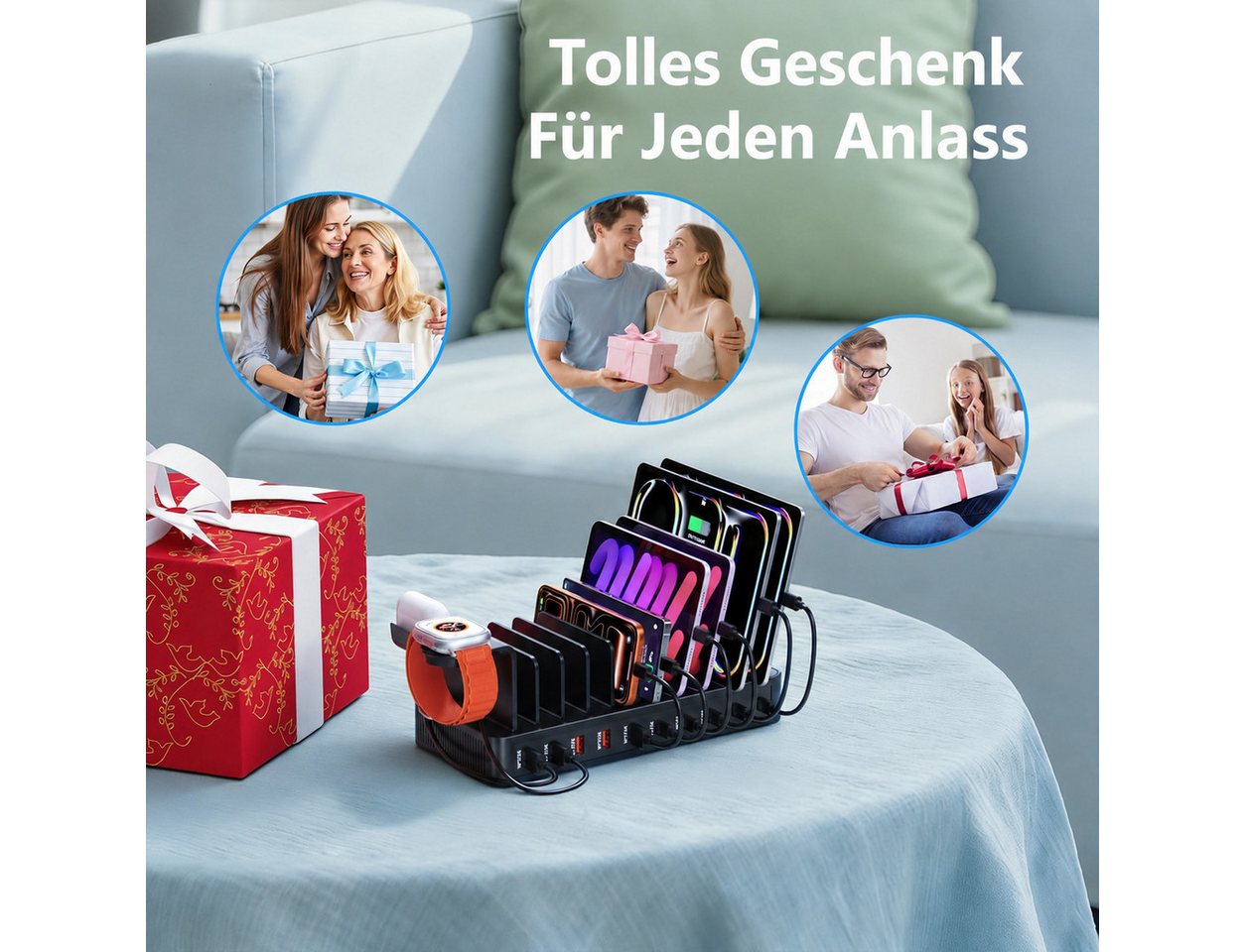 ibettertec 100W Multi-Geräte Ladestation mit 10 Anschlüssen Ladestation (USB-C & USB-A Ladehub inkl. 10 Kabeln, Verstellbare Halterung für Smartphones) – Bild 5 von 5