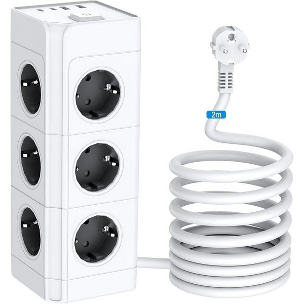 ibettertec 12 Fach Mehrfachsteckdose mit 4 USB Steckdosenturm Steckdosenleiste Steckdosenleiste 12-fach (Ein-/Ausschalter, USB-Anschlüsse, Schutzkontaktkupplung