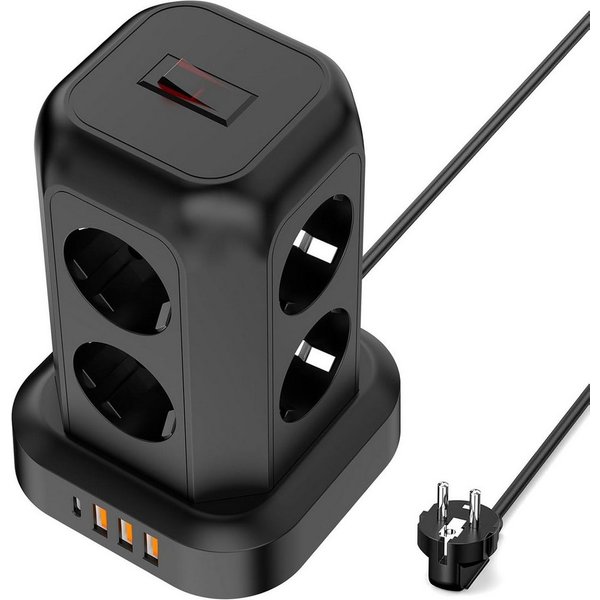 ibettertec 12 in 1 Mehrfachsteckdosen Steckdosenturm mit Schalter Kabel 1.8m Steckdosenleiste 8-fach (platzsparend, 3 USB-A, 1 USB-C Mehrfachsteckdose, Überspan