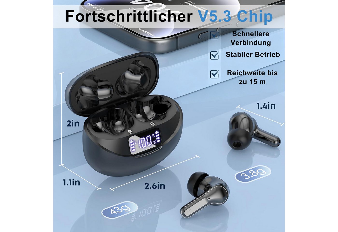 ibettertec 2026 Neue In Ear Kopfhörer, In Ear Ohrhörer, Kopfhörer kabellos Open-Ear-Kopfhörer (Noise Cancelling 50 Std Spielzeit In Ear Kopfhörer mit 6 ENC Nois – Bild 5 von 5