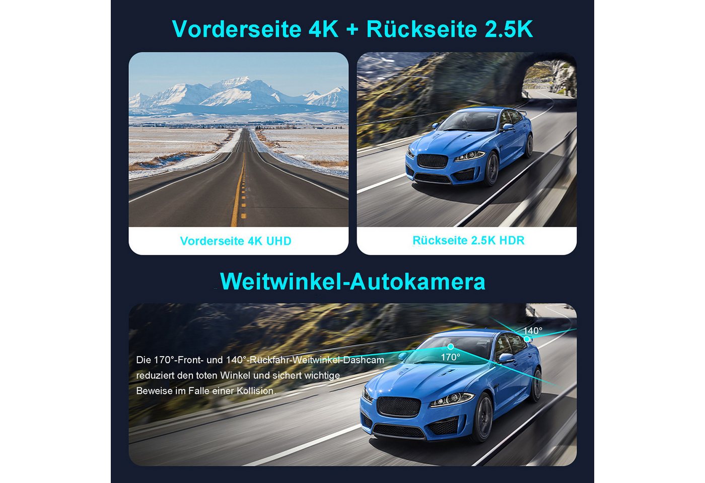 ibettertec ADAS Dashcam Auto,2-Kanal 4K+1080P Autokamera,GPS 3.2 Zoll-Bildschirm Dashcam (4K Ultra HD, WLAN(Wi-Fi), Zeitrafermodus, Zeitrafermodus, App-Steuerun – Bild 2 von 5