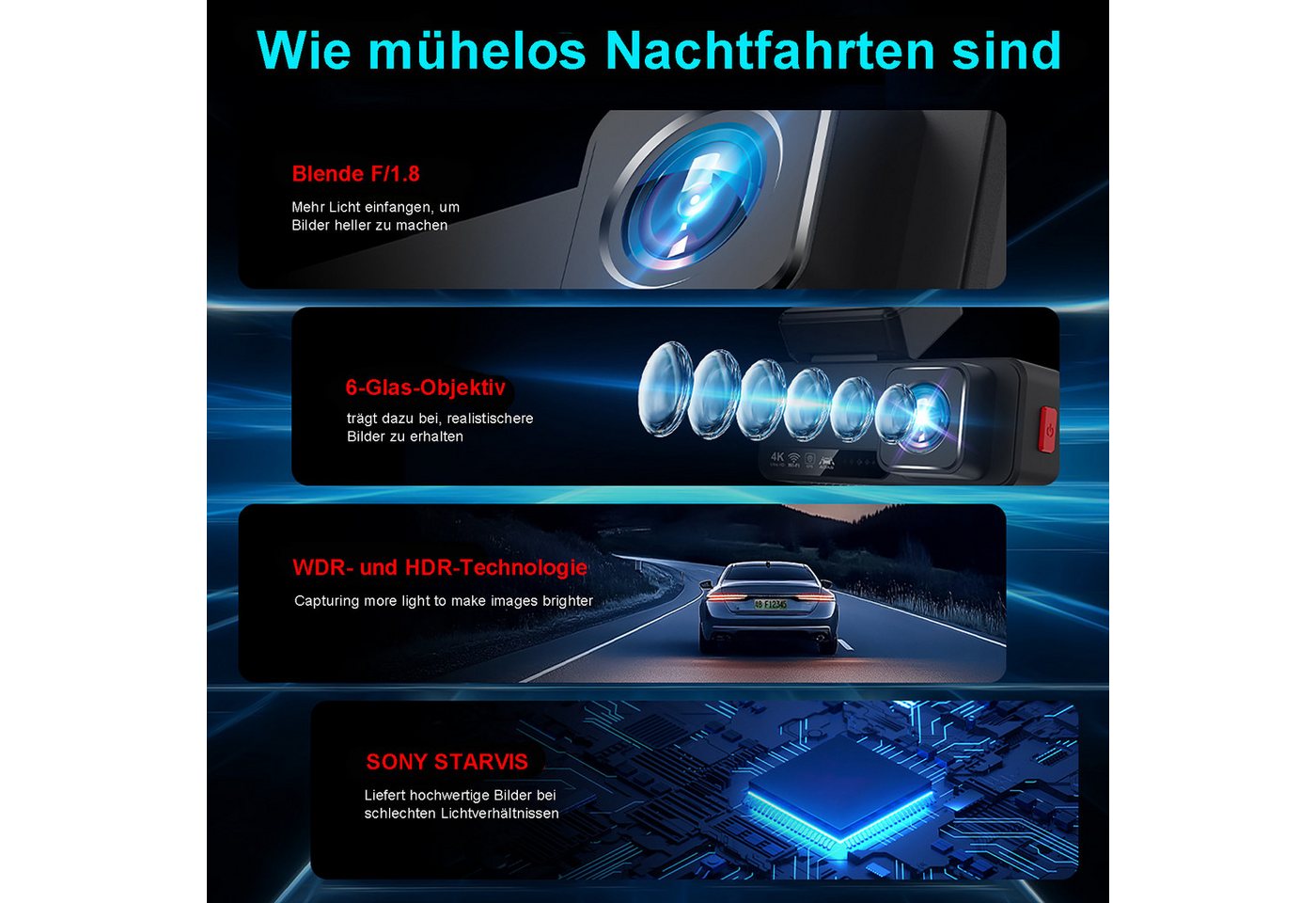 ibettertec ADAS Dashcam Auto,2-Kanal 4K+1080P Autokamera,GPS 3.2 Zoll-Bildschirm Dashcam (4K Ultra HD, WLAN(Wi-Fi), Zeitrafermodus, Zeitrafermodus, App-Steuerun – Bild 4 von 5