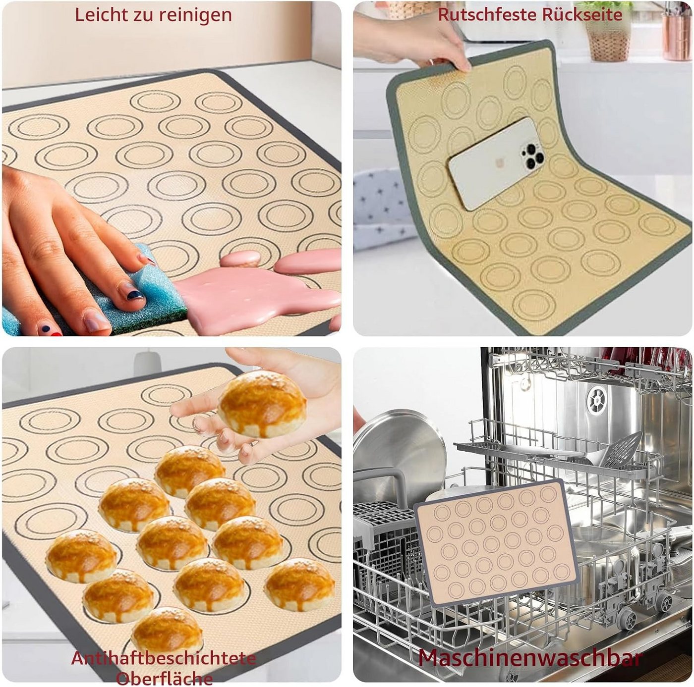 ibettertec Backmatte 2 Stück Backmatte Macarons Silikon, Anti-Rutsch-Backmatte Rechteckig, Silikon (2-tlg), Macarons Silikonmatte,für Macaro,Pizza,Kekse und Bro – Bild 5 von 5