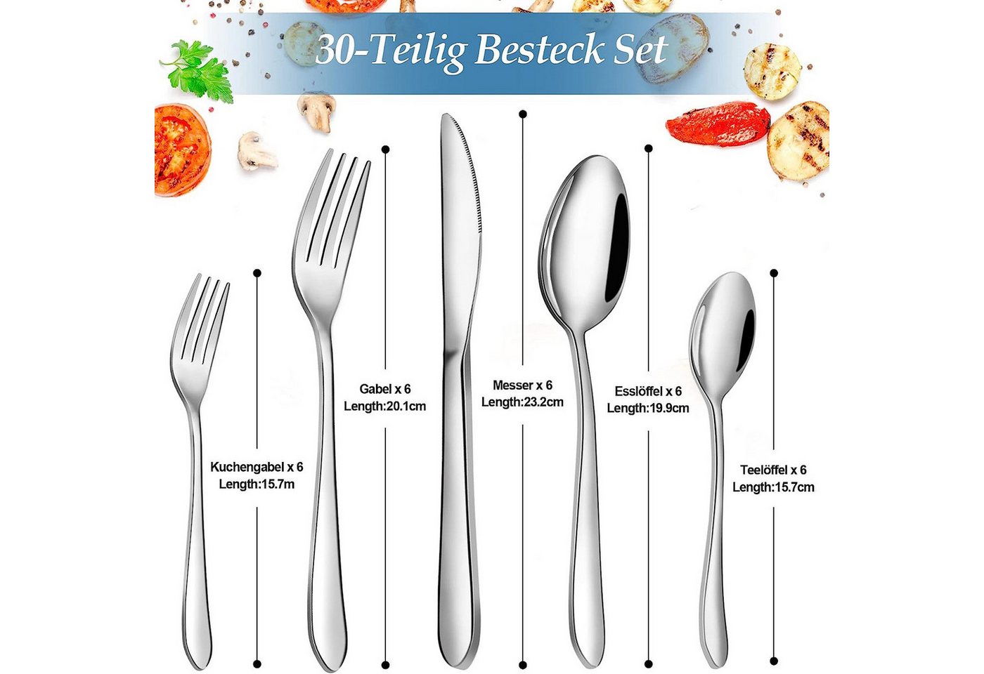 ibettertec Besteck-Set Besteckset,30 Stück Edelstahl Besteck Set 6 Personen,Spiegelpoliert, 6 Personen – Bild 3 von 5