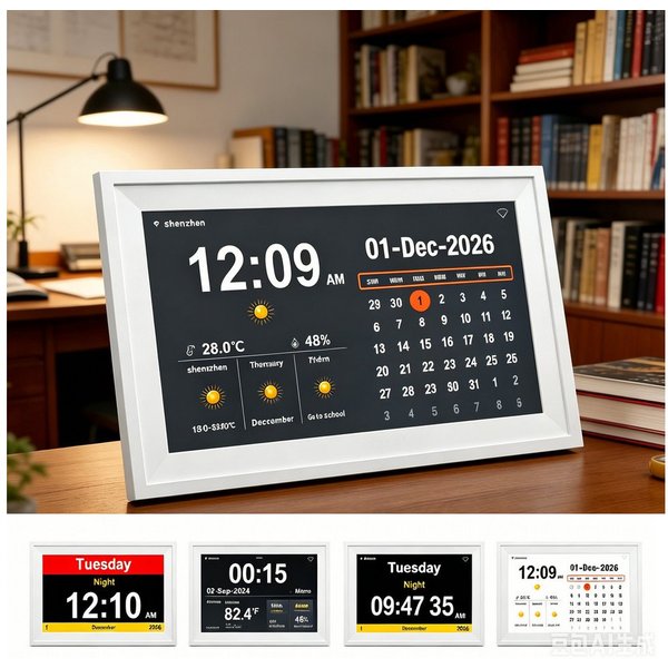 ibettertec Bilderrahmen 10,1 Zoll Digitaler Bilderrahmen Kalenderuhr mit Wetterstation, (Wandmontage & Tischaufstellung), Tages- und Monatskalender, Digitaler B