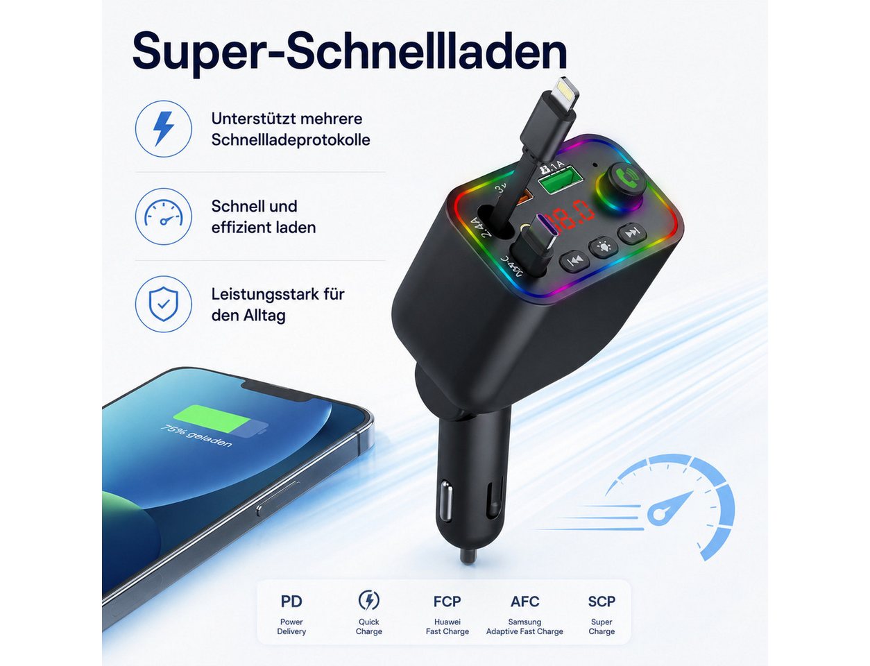 ibettertec Bluetooth FM 5.3Transmitter für Auto,PD3.0/PP/PPSQC4.0+AFC Schnelllade USB-Ladegerät (Bluetooth FM Transmitter Auto zu mit Dual einziehbaren Kabeln) – Bild 4 von 5