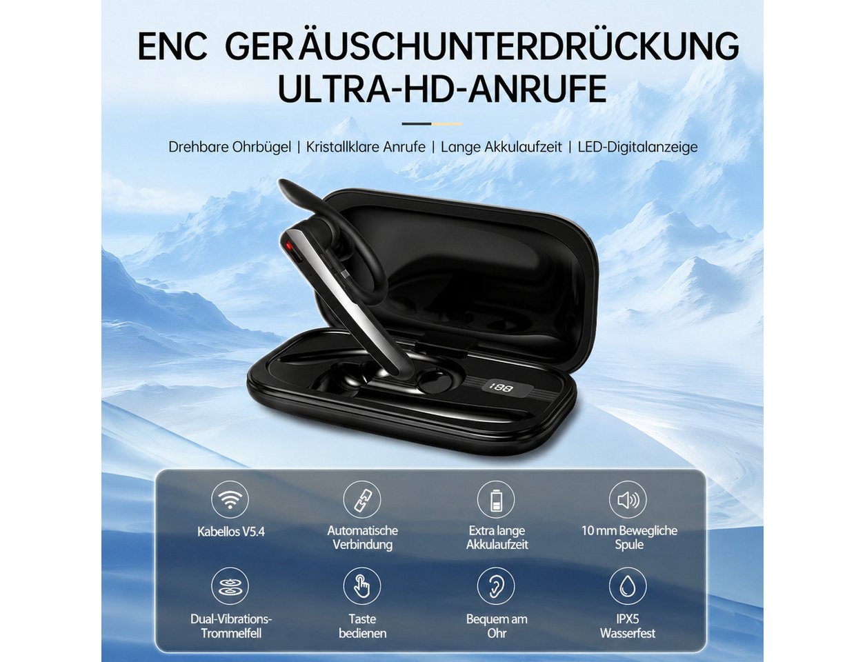 ibettertec Bluetooth Headset Ear Freisprecheinrichtung & Dual Mikrofon Headset (für iPhone/Android/Laptop, Mono Ohrhörer,430mAh,IPX5 Wasserdicht,für Autofahren/ – Bild 3 von 5