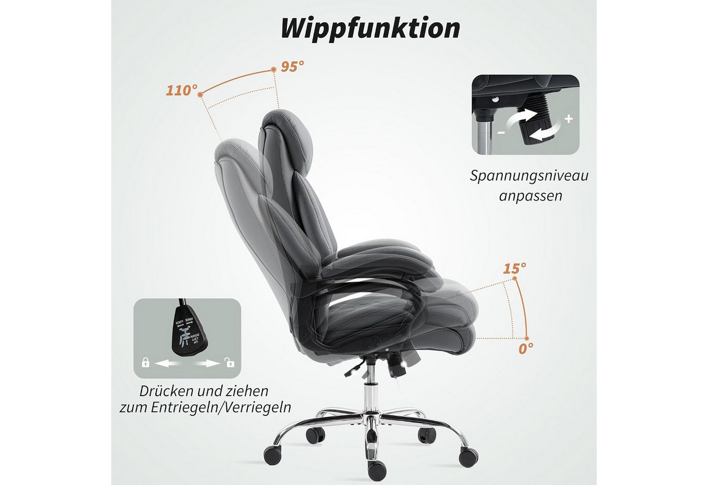 ibettertec Chefsessel Bürostuhl, Chefsessel, Computerstuhl, Hoher Rückenlehne, Gepolsterter (Spar-Set, 1 St), Hohe Rückenlehne, Wasserabweisendes PU-Leder – Bild 4 von 5