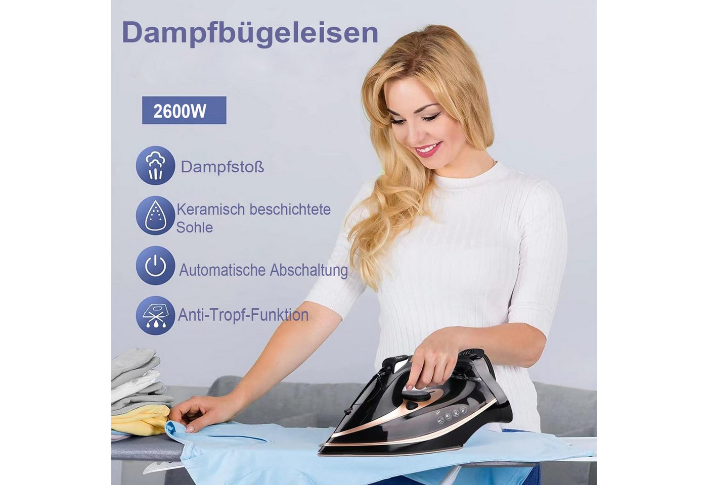 ibettertec Dampfbügeleisen Dampfbügeleisen, 2600W Bügeleisen mit Keramik-Bügelsohle, 70 g/min Dampf,120g Extra-Dampfstoß,300ml Wassertank,Selbstreinigungs – Bild 2 von 5