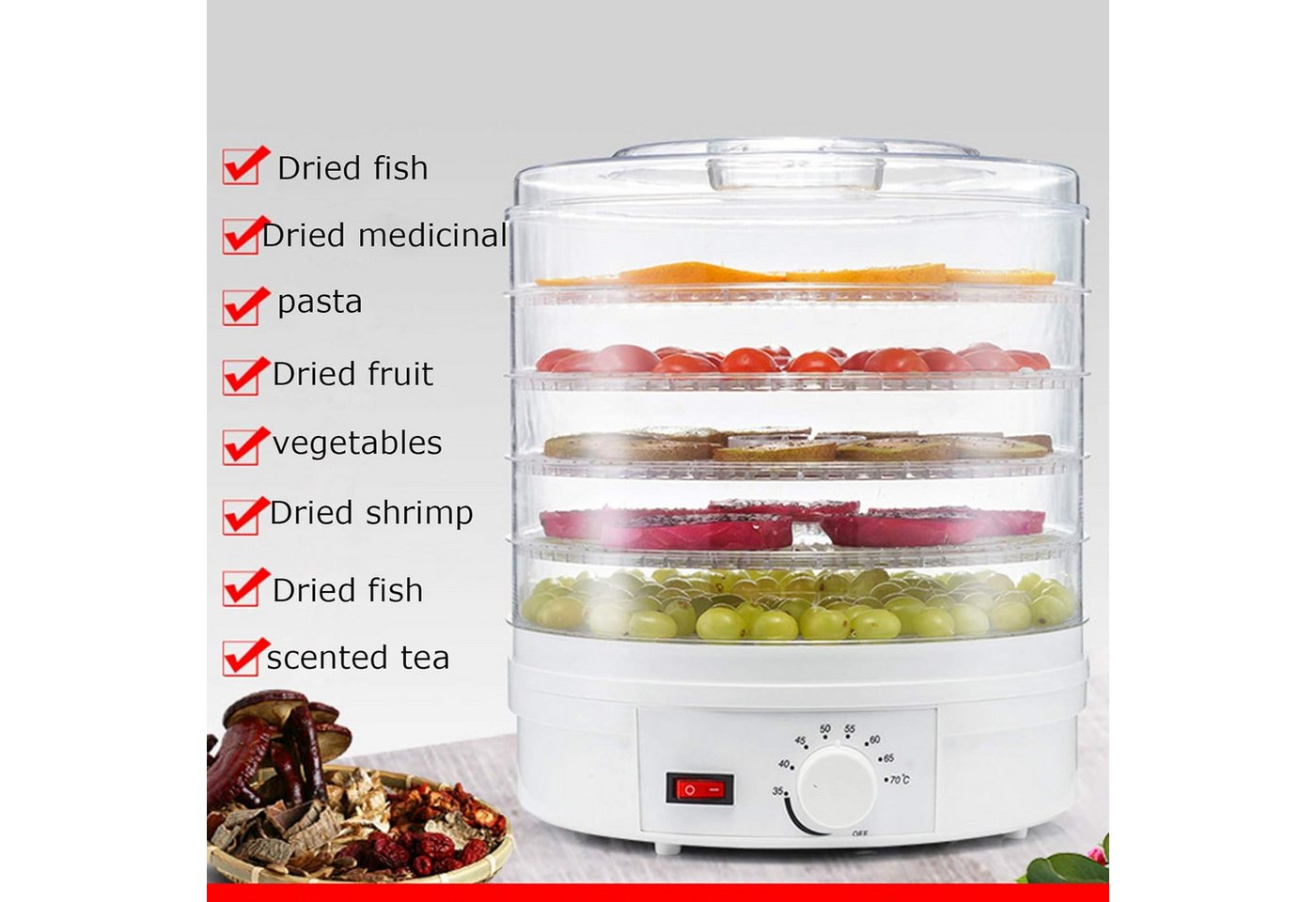 ibettertec Dörrautomat Dörrgerät mit 5 Einlegefächer, Dörrautomat mit Temperaturregler 350 W, 5 Etagen, 5 Etagen Dehydrator,Obsttrockner für Obst,Fleisch,Kräute – Bild 2 von 5