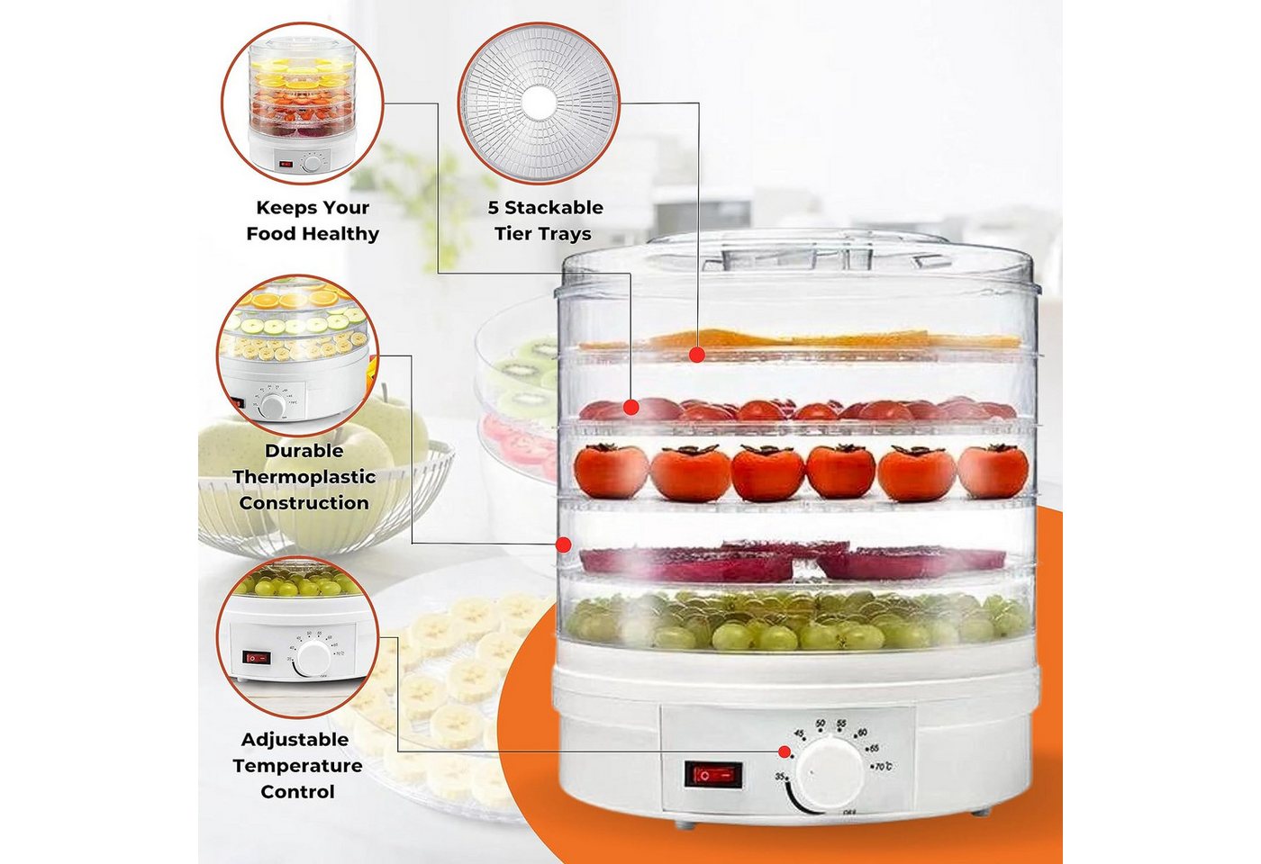 ibettertec Dörrautomat Dörrgerät mit 5 Einlegefächer, Dörrautomat mit Temperaturregler 350 W, 5 Etagen, 5 Etagen Dehydrator,Obsttrockner für Obst,Fleisch,Kräute – Bild 3 von 5