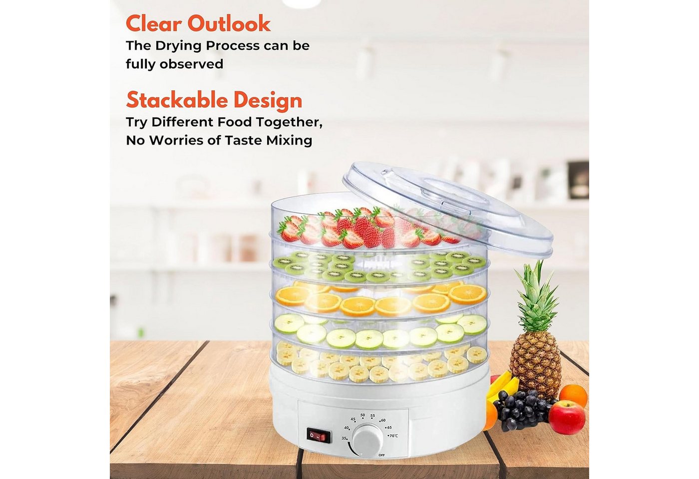 ibettertec Dörrautomat Dörrgerät mit 5 Einlegefächer, Dörrautomat mit Temperaturregler 350 W, 5 Etagen, 5 Etagen Dehydrator,Obsttrockner für Obst,Fleisch,Kräute – Bild 4 von 5