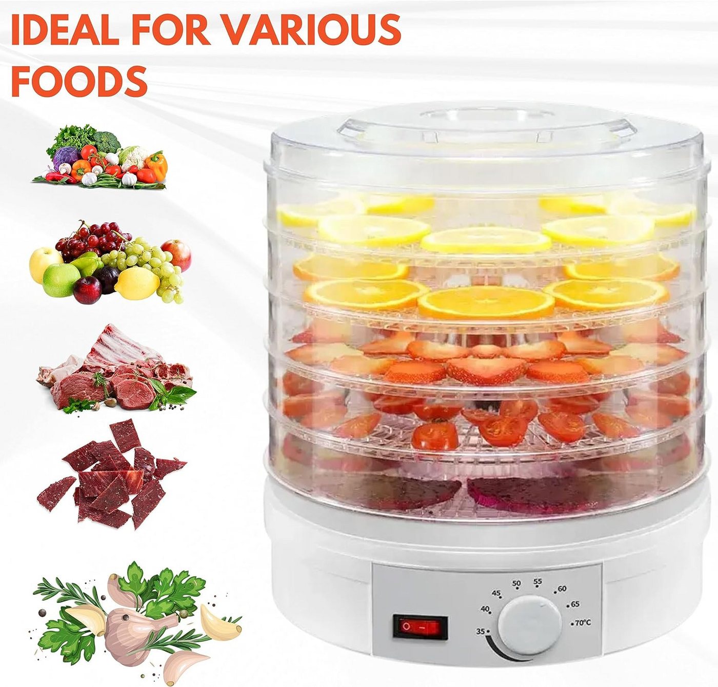 ibettertec Dörrautomat Dörrgerät mit 5 Einlegefächer, Dörrautomat mit Temperaturregler 350 W, 5 Etagen, 5 Etagen Dehydrator,Obsttrockner für Obst,Fleisch,Kräute – Bild 5 von 5